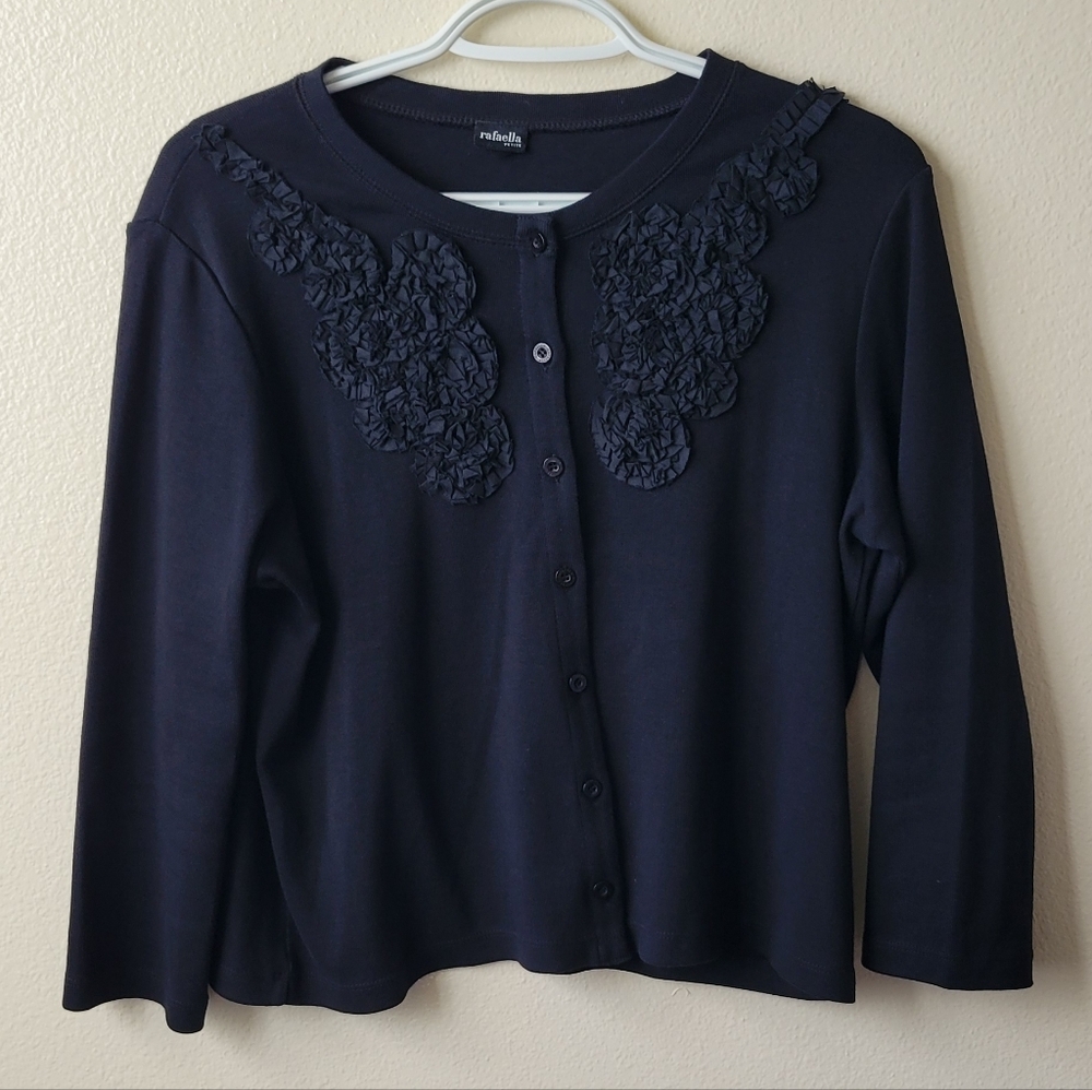 Rafaella Women’s Ruffle Black  100% Cotton Button Cardigan Top Size P/XS/S